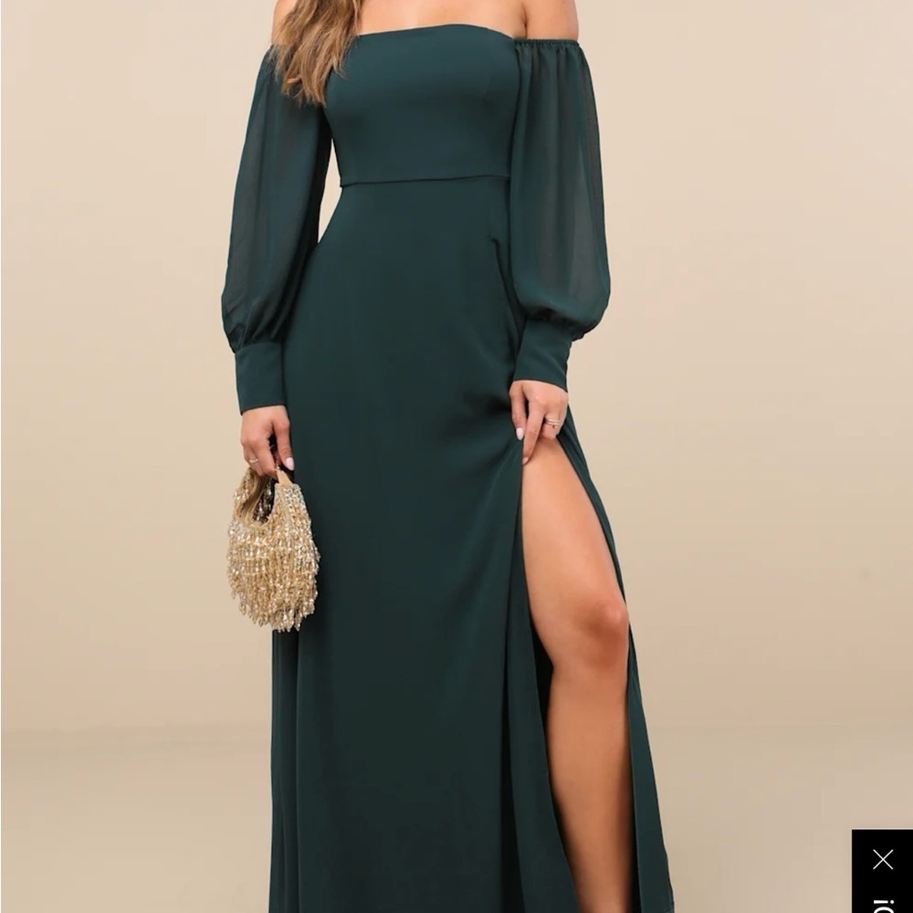 Lulu's Emerald Green Off-Shoulder Slit Gown